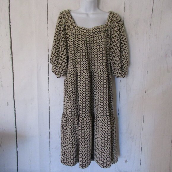 Baltic Born Dresses & Skirts - Baltic Born Dress S Small Black Cream Floral Embossed Puff Sleeve Tiered Midi